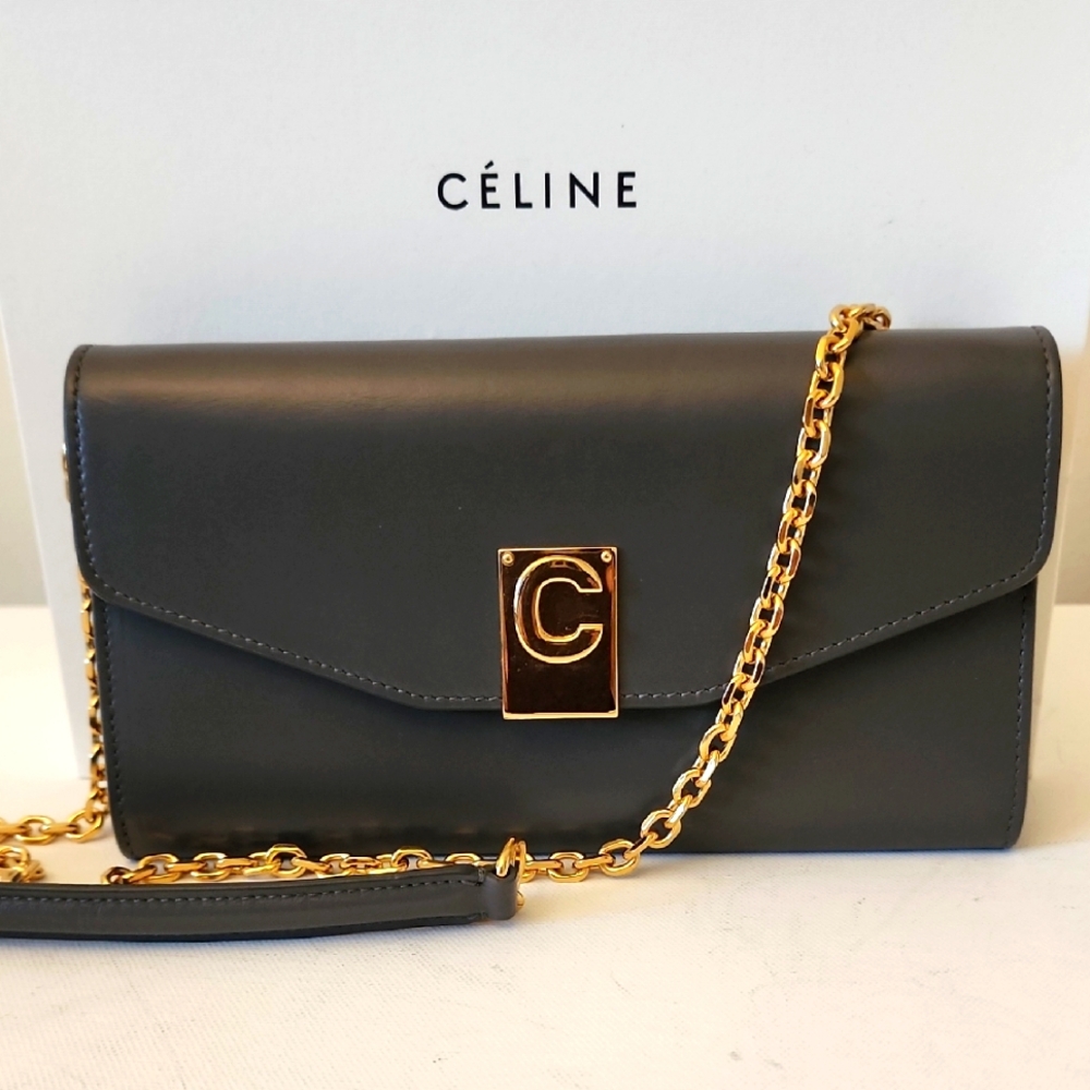 Celine C Calf Leather Crossbody Purse Clutch Wallet On Chain Storm Gray